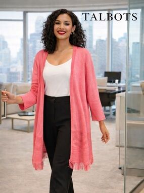 🌸Talbots Pink Open-Front Fringe Cardigan Sweater Size S preppy fringe casual